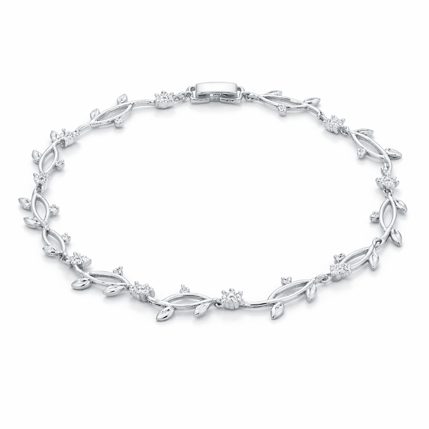Studio view of a bracelet designed with a continuous vine pattern, featuring leaf shapes and small round cubic zirconia stones in a silver tone finish.