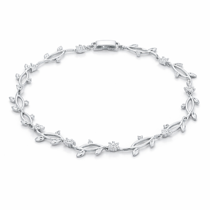 Studio view of a bracelet designed with a continuous vine pattern, featuring leaf shapes and small round cubic zirconia stones in a silver tone finish.