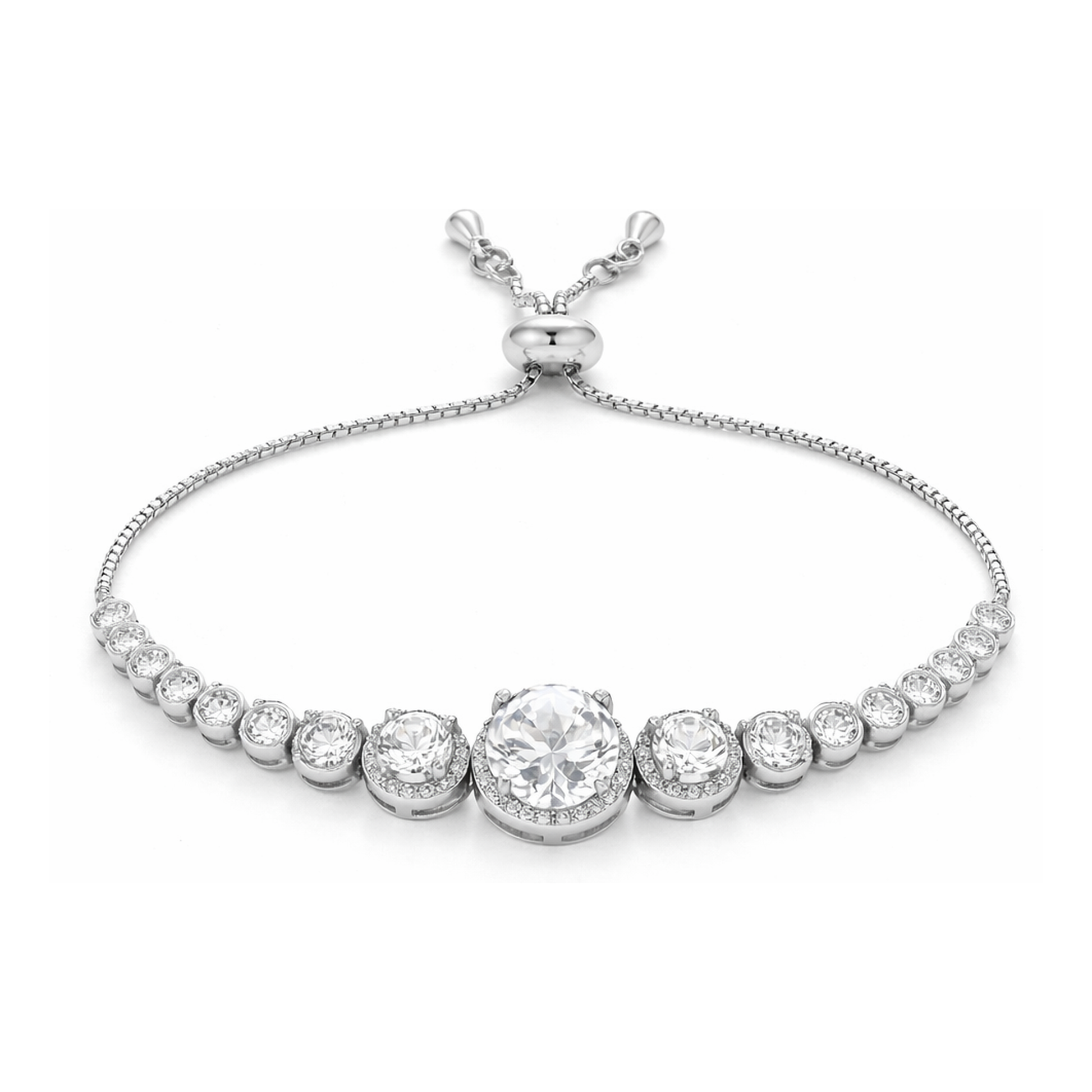 Studio view of an halo slider bracelet with a central round cubic zirconia stone surrounded by smaller stones and a fine chain in silver tone.