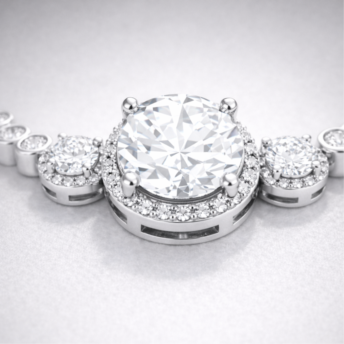 Close up view of the halo style centerpiece with round cut cubic zirconia stones in silver tone setting.