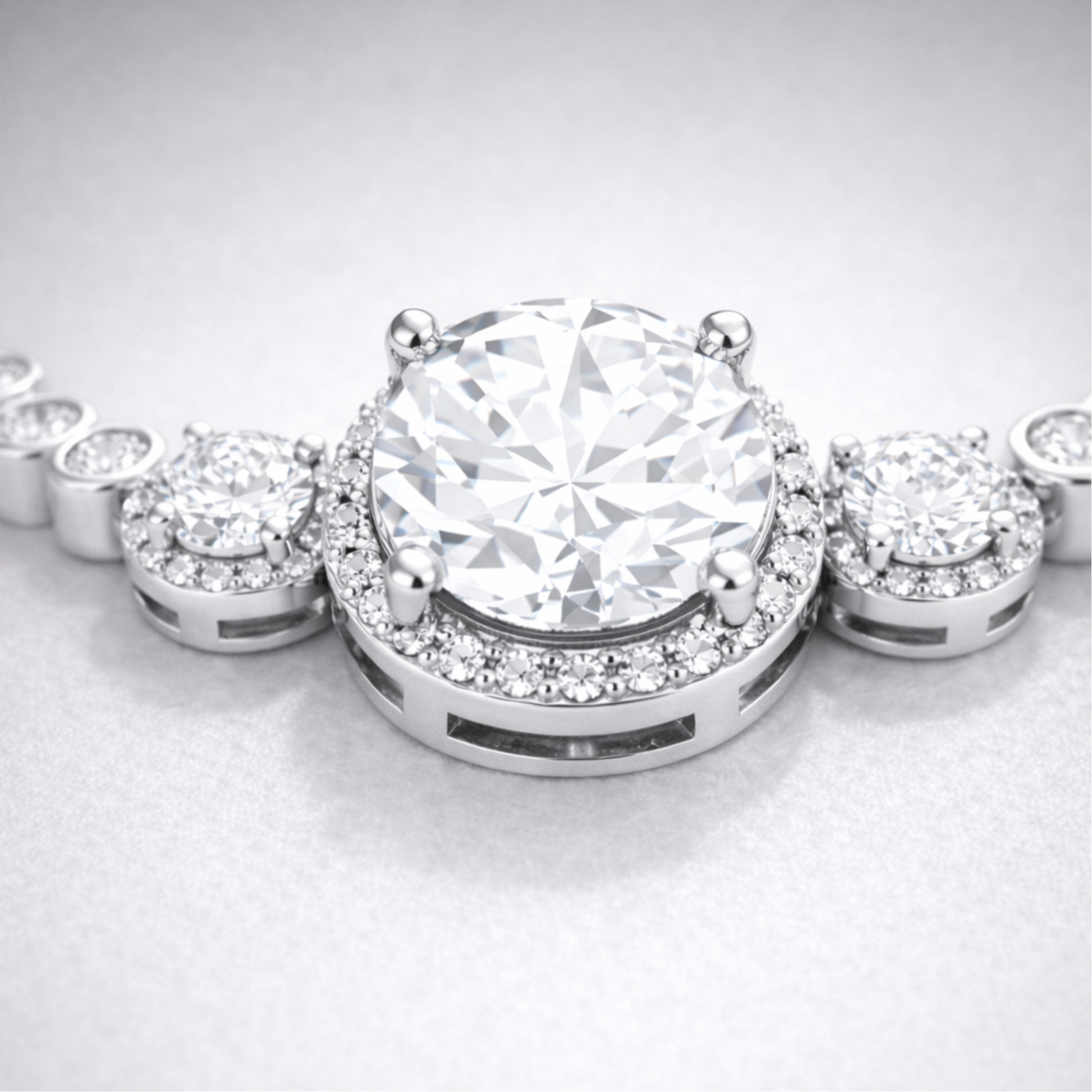 Close up view of the halo style centerpiece with round cut cubic zirconia stones in silver tone setting.