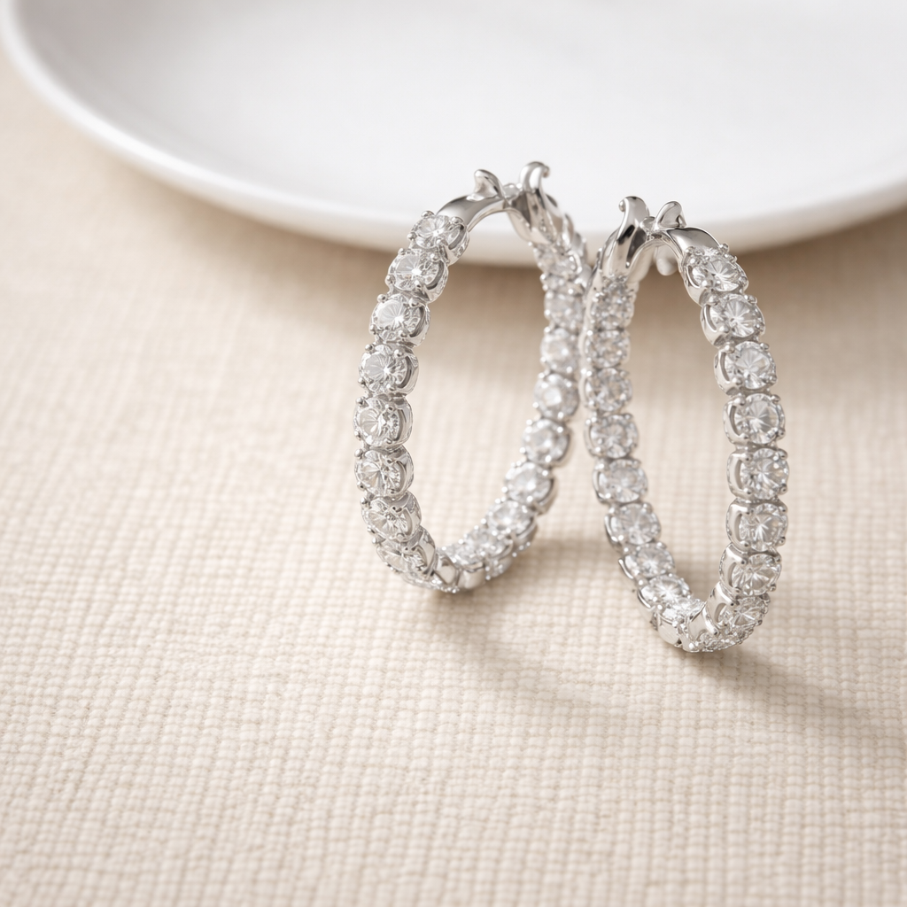 Close-up of hoop earrings set with a continuous row of round cubic zirconia stones in a silver tone finish, shown on a textured neutral surface.
