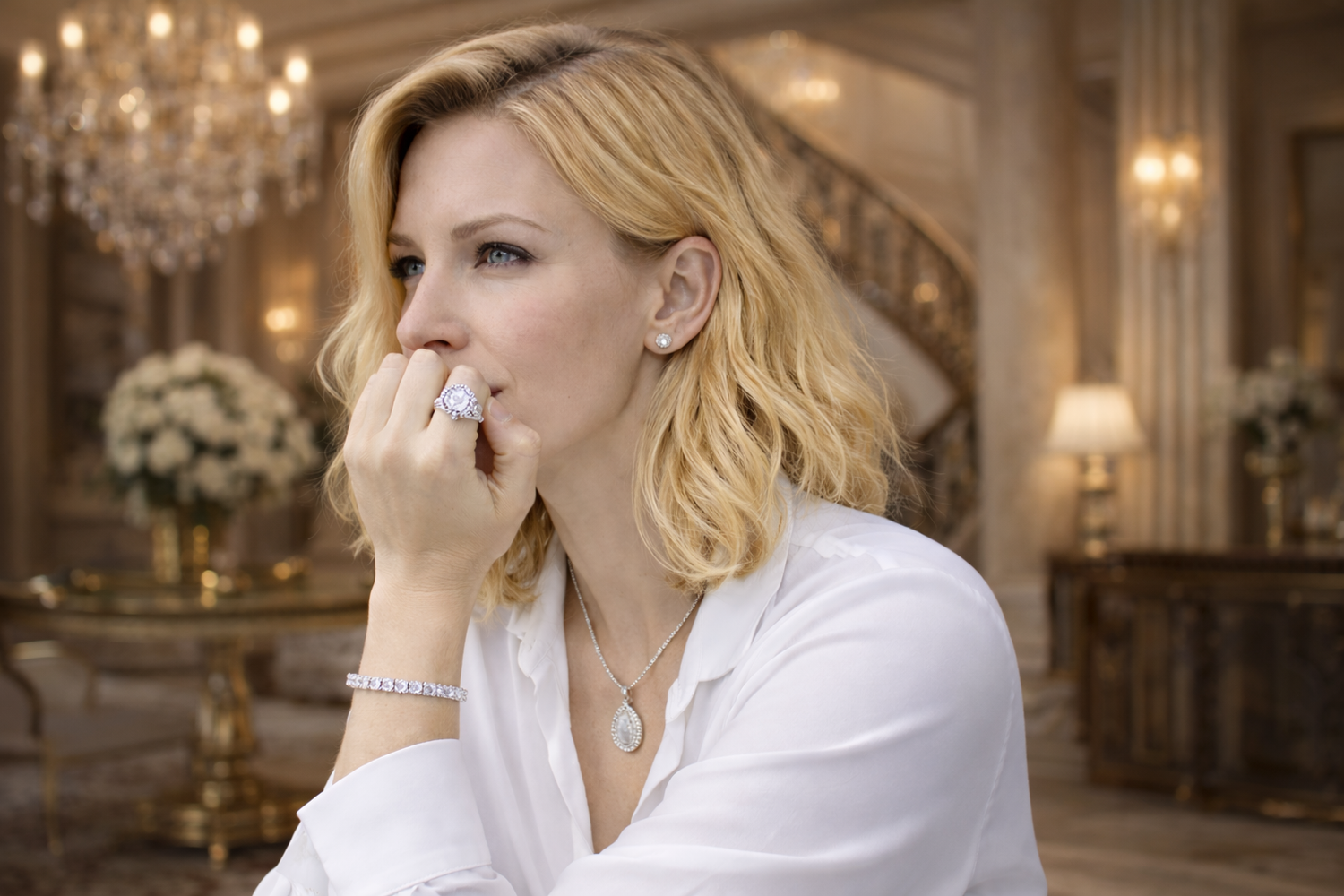 Worn view of a coordinated jewelry set including a pendant necklace, bracelet, ring, and stud earrings with cubic zirconia stones in a silver tone finish, styled on a seated model.