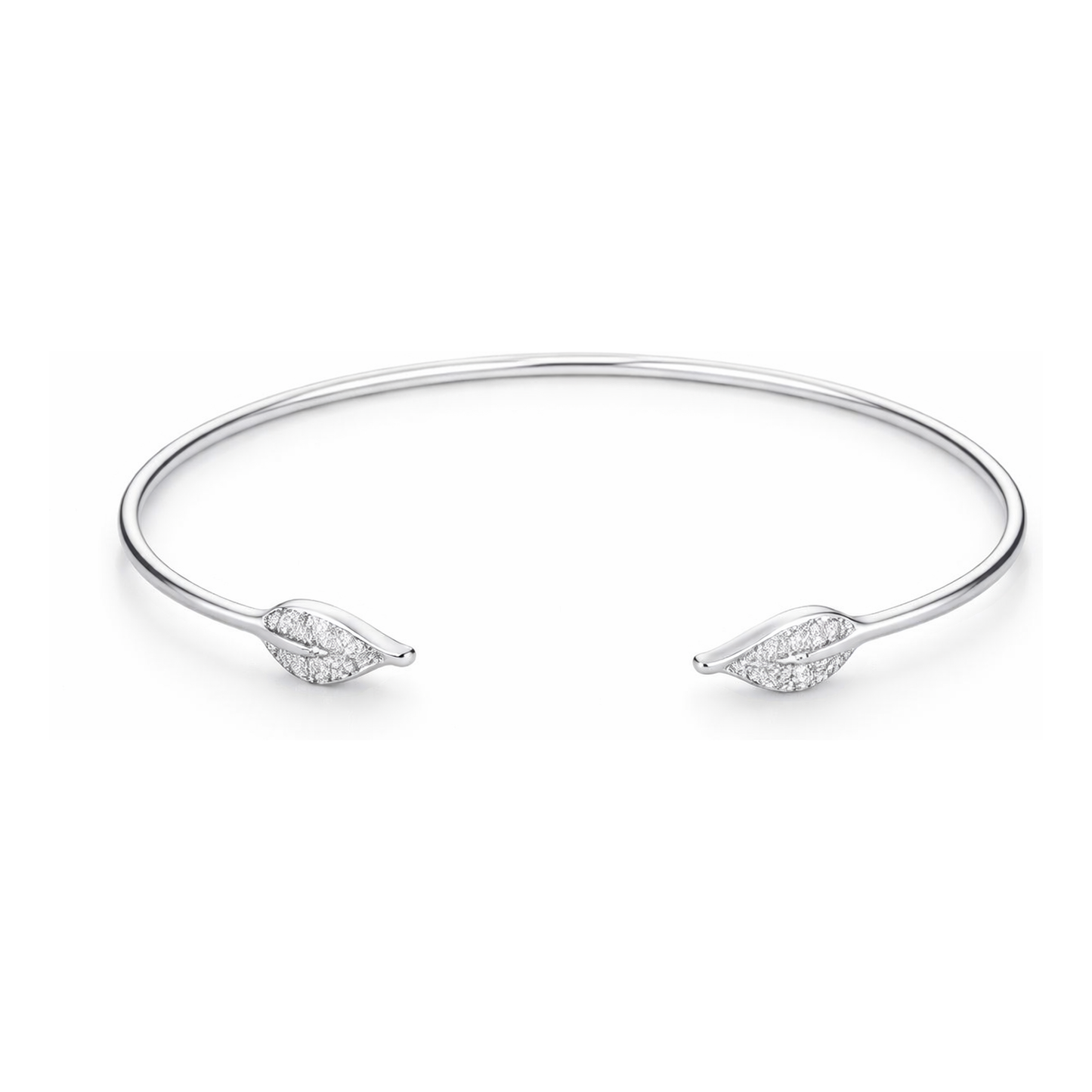 Studio view of an open cuff bangle featuring leaf-shaped end elements accented with small cubic zirconia stones in a smooth silver tone finish.
