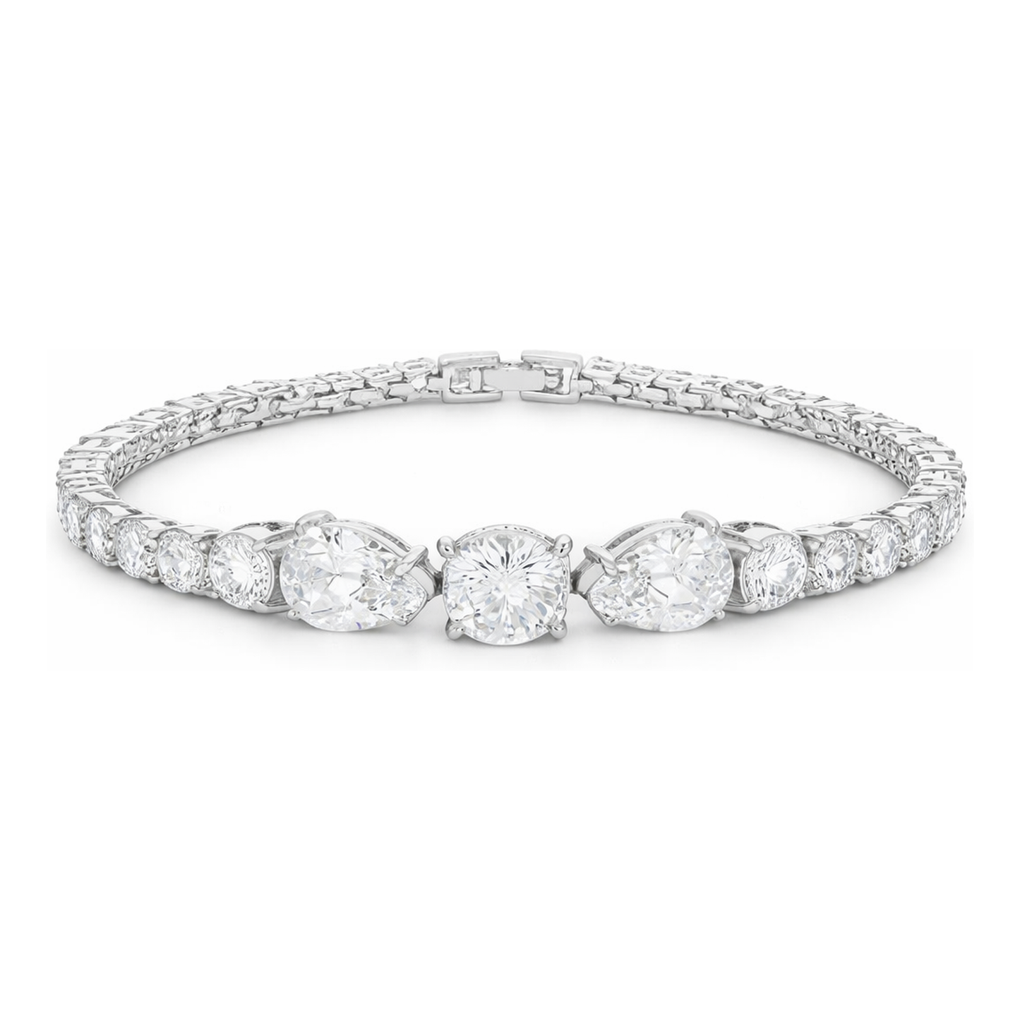 Studio view of a tennis bracelet featuring a central three-stone arrangement with larger cubic zirconia stones, surrounded by a row of smaller stones in silver tone.