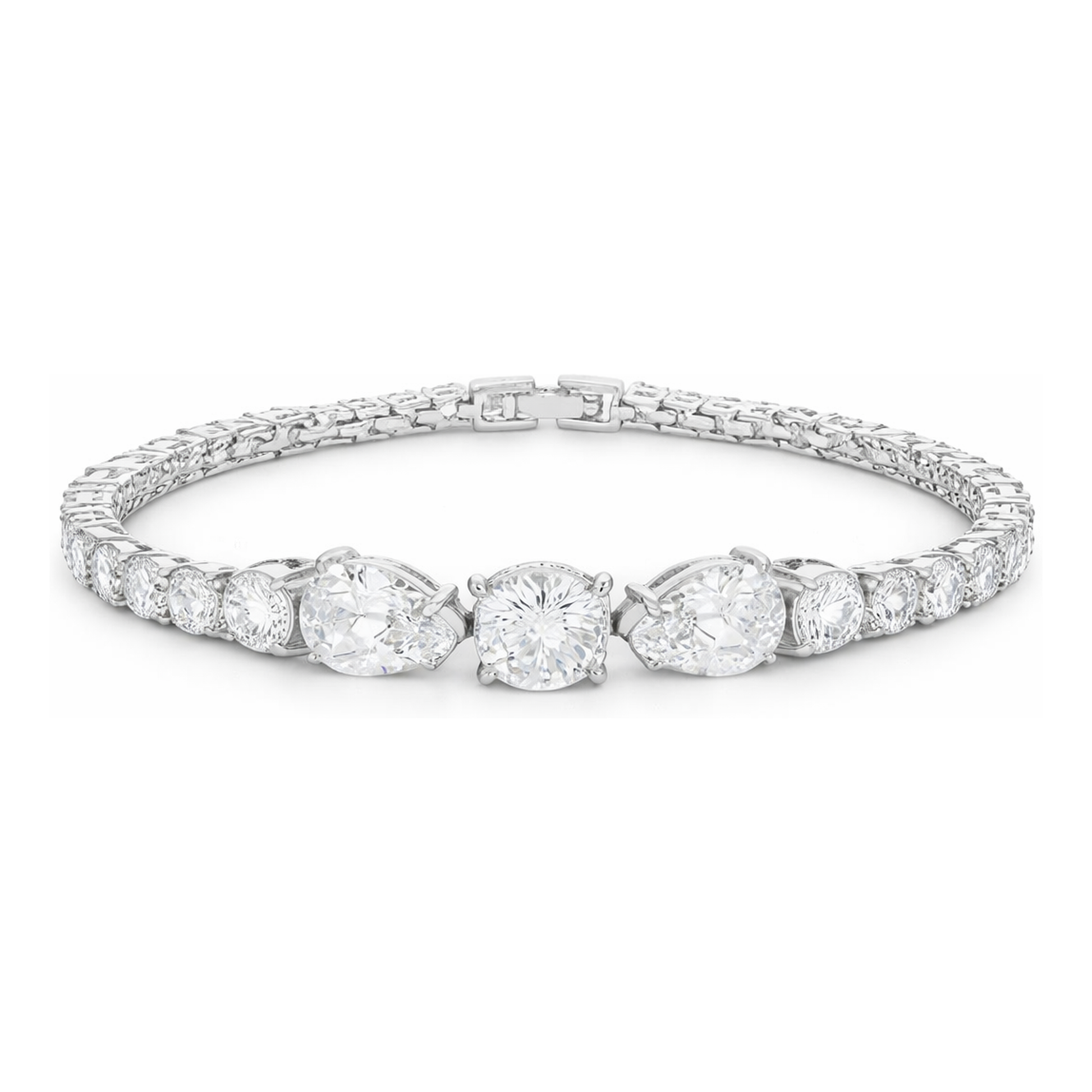 Studio view of a tennis bracelet featuring a central three-stone arrangement with larger cubic zirconia stones, surrounded by a row of smaller stones in silver tone.