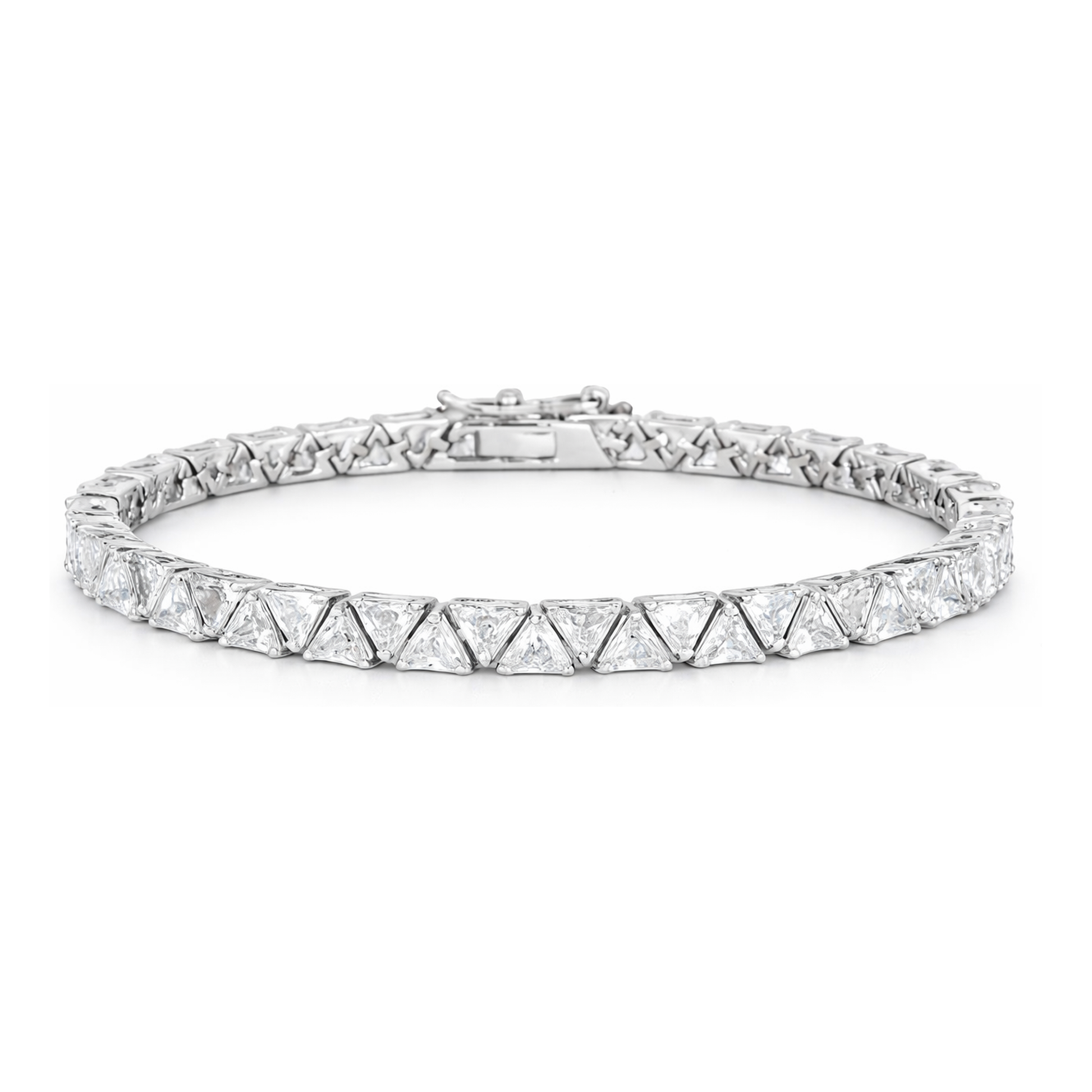 Studio view of a tennis bracelet composed of triangle-shaped cubic zirconia stones set in a continuous pattern with a silver tone finish and clasp closure.